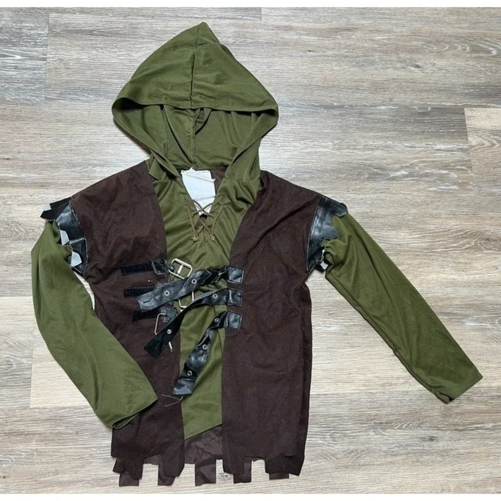 Robin Hood Costume Youth Large Medieval Archer Forest Tunic Hood Vest Distressed